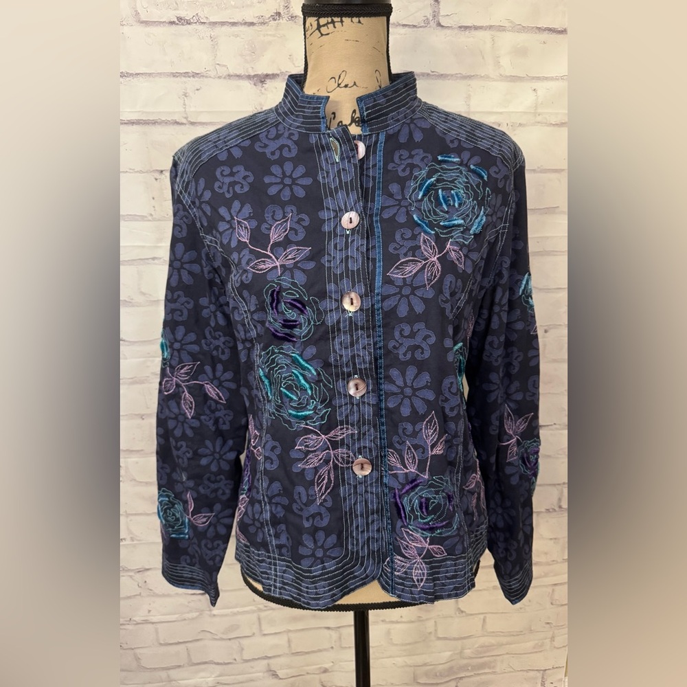 Coldwater Creek Sz Med Blue Purple Velvet Floral Jacket Boho Career‎ Casual